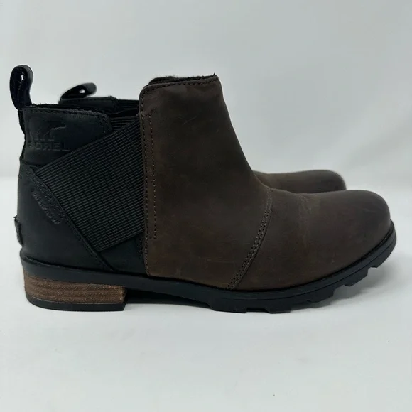Sorel Womens Size 7 .5 Emelie Chelsea Boots Quarry Black Leather Waterproof Shoe - Picture 3 of 12